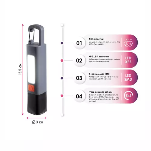 Фонарик аккумуляторный 2в1 TheGeneral Orion с боковым COB light и карабином 4