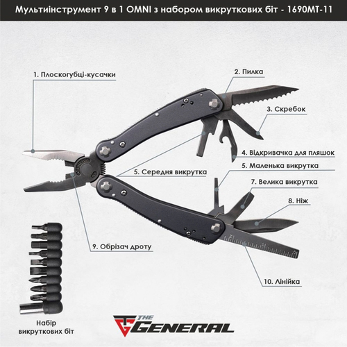 Мультитул 9в1 TheGeneral OmniI з набором викруткових біт, 165 мм, в чохлі 5